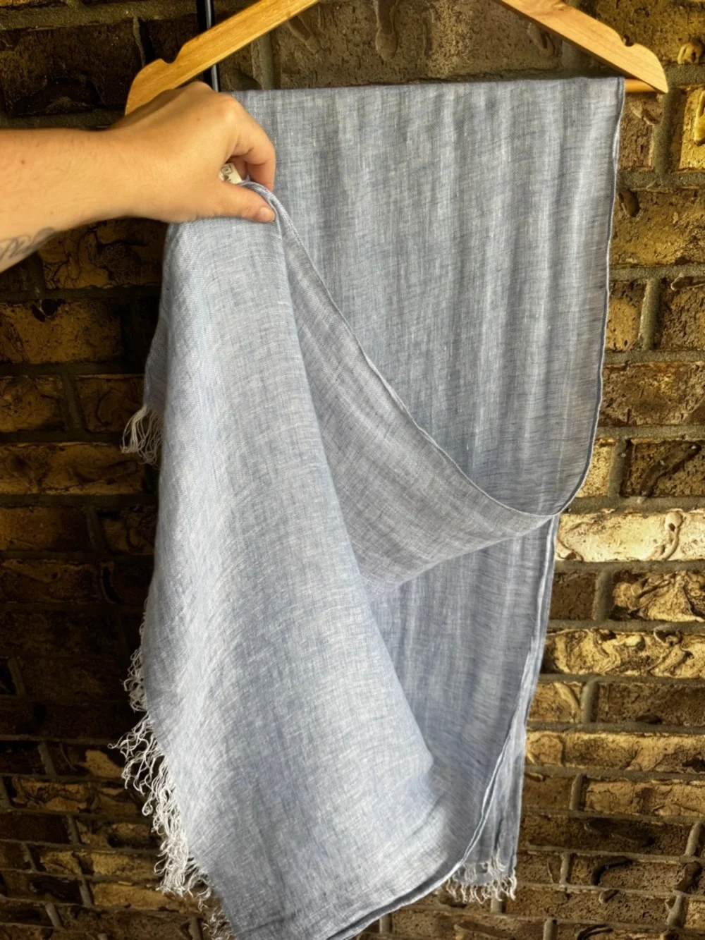 PURO LINO 100% Linen Scarf Italy Pale Blue Wrap Table Runner Fringed 80” x 28“